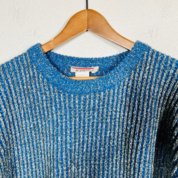 Vintage 90s Moustache Ribbed Crewneck Sweater Blue Grey - S - Picture 3 of 6
